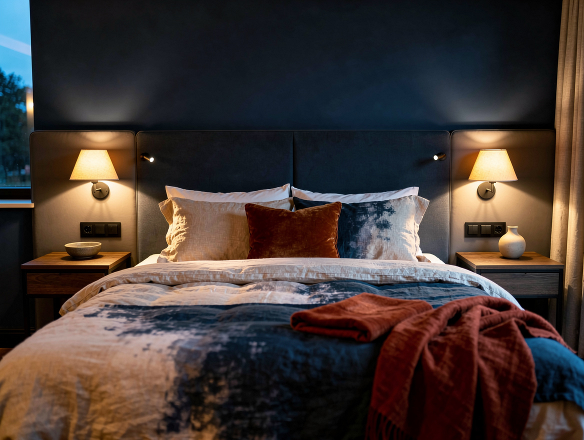 Atmospheric wide bedroom photograph at dusk with two separate bedside reading li