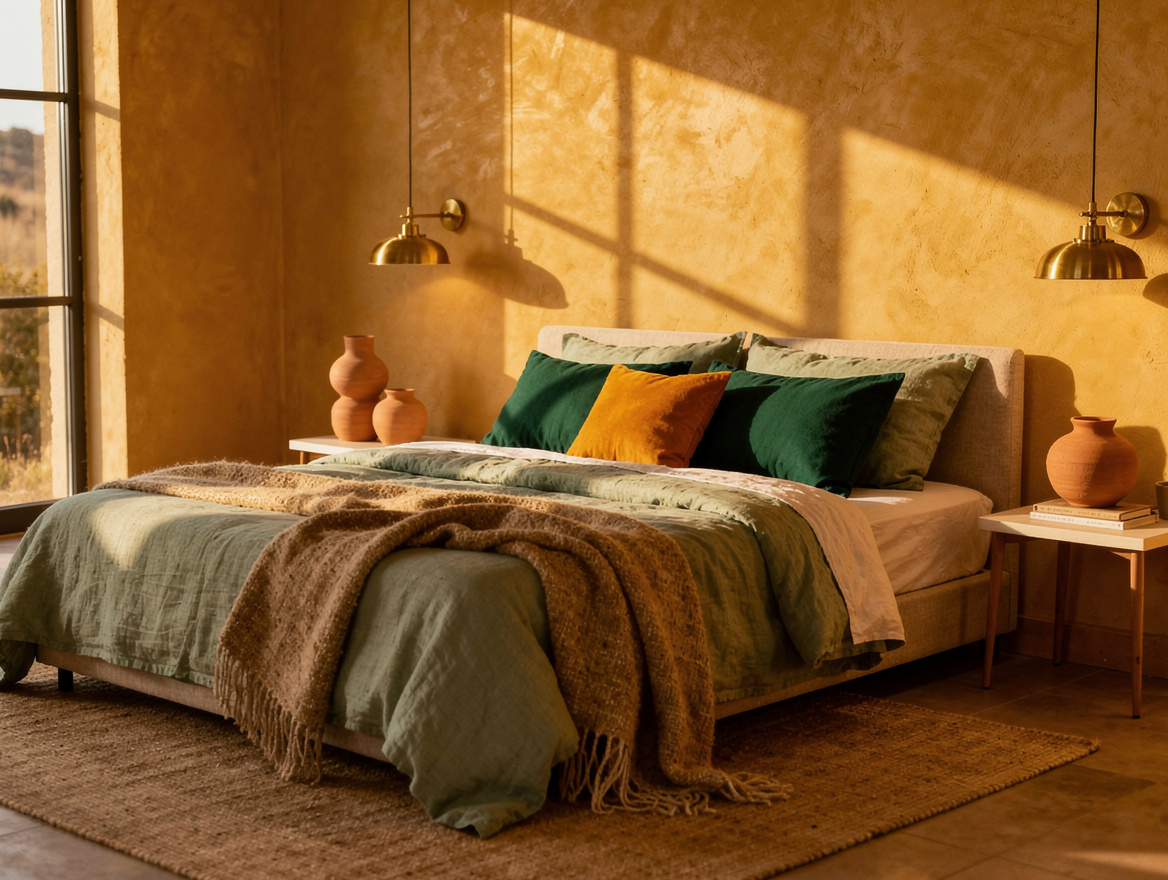 Wide atmospheric bedroom photo with sun-washed sand and faded sage colors, layer