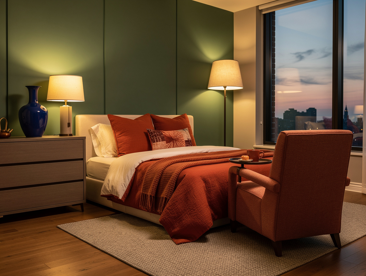 Wide atmospheric bedroom scene at dusk, reading chair by window, dimmable floor