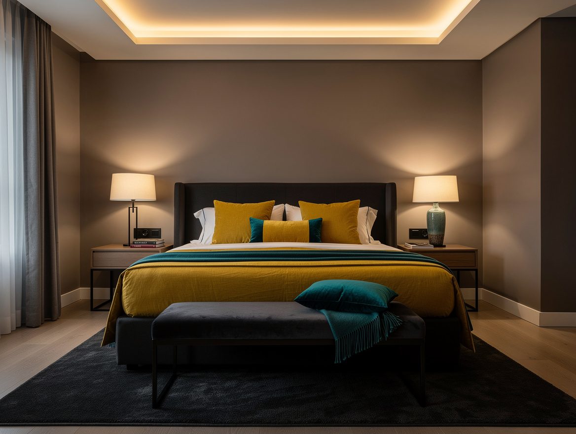 Wide atmospheric photo of a calm hotel-inspired bedroom at dusk, shallow ceiling