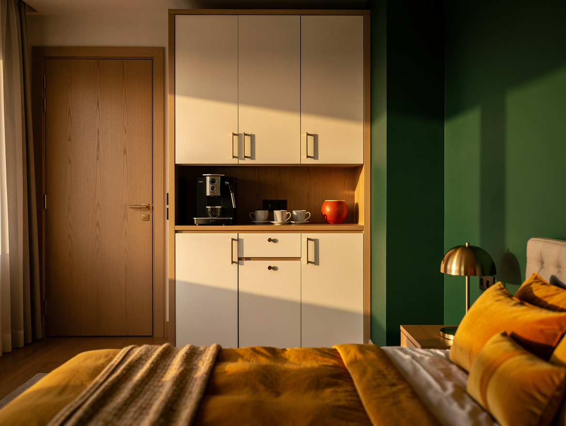 Wide atmospheric photo of a primary bedroom with a built-in ivory wardrobe niche