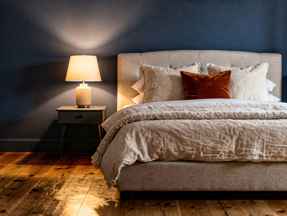 Atmospheric evening bedroom scene with warm bedside lamp light changing the appe