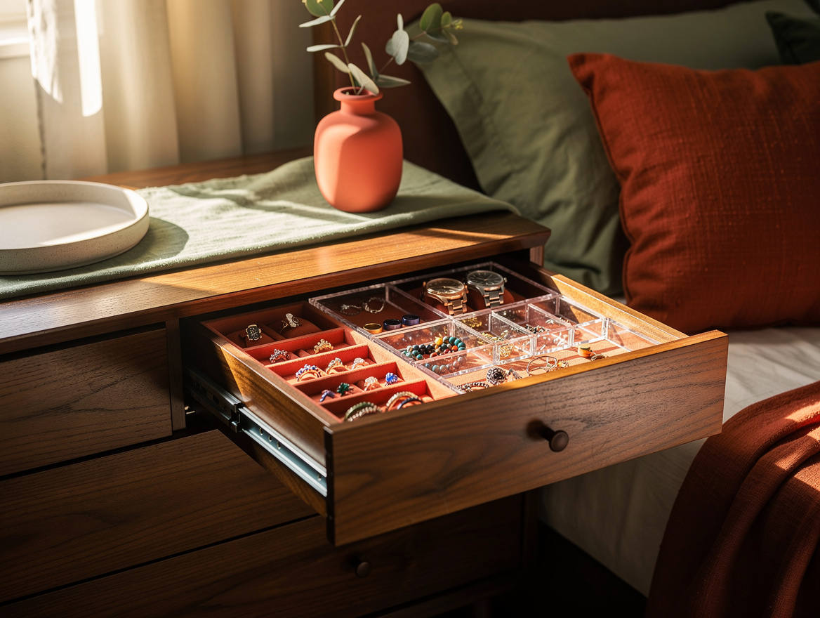 Atmospheric home-decor photograph of a walnut dresser with one open organized dr