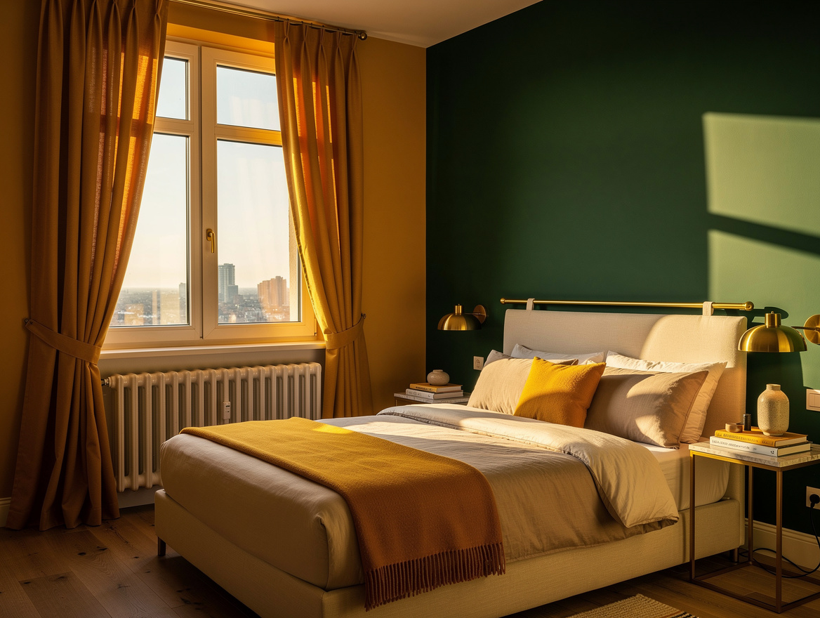 Ambient wide photo of a small bedroom in late afternoon light, curtains stacked