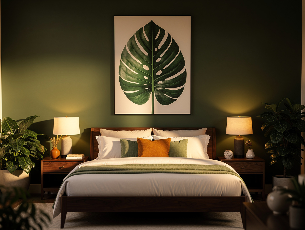 wide ambient photo of a deep olive painted accent wall behind a bed with crisp i