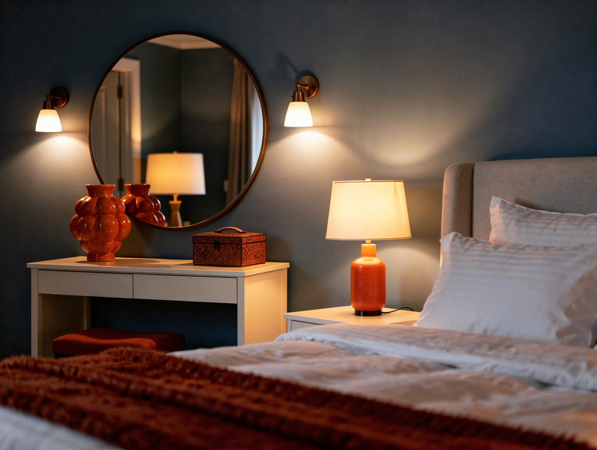 ambiance photo of a guest bedroom at dusk, vanity wall glowing from two warm 270
