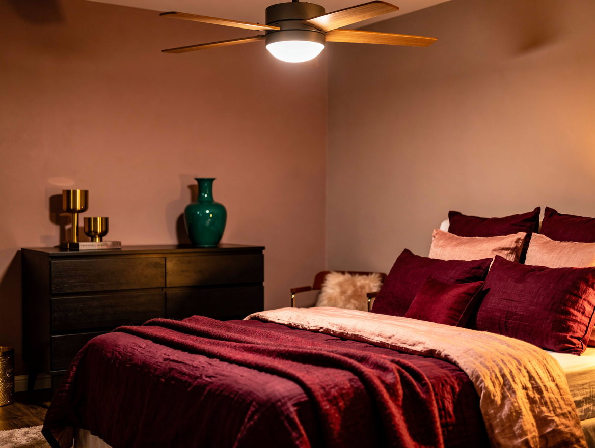 ambient evening photo of a bedroom lit only by a diffused warm 3000K integrated
