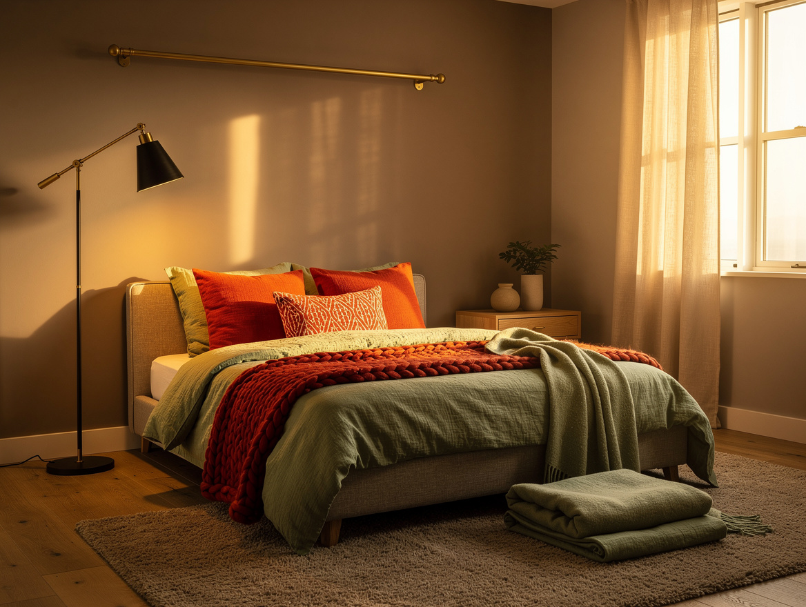 wide ambient photo of a small bedroom at golden hour, black and brass floor lamp