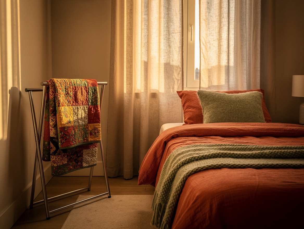 Ambient wide photo of a narrow guest room at golden hour, folded quilt on a slim