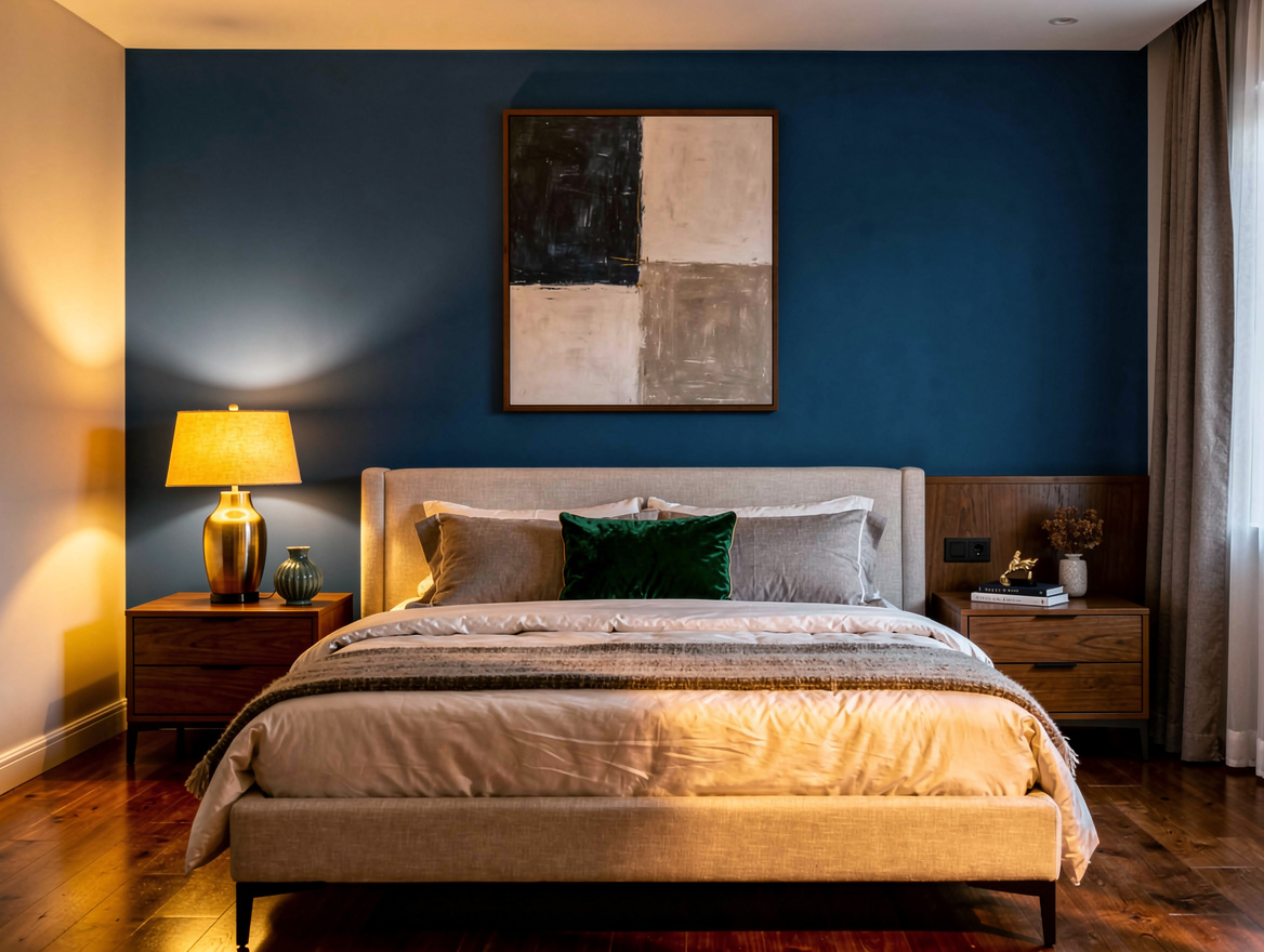 Wide atmospheric bedroom view at dusk with a blue-gray rectangular color block b