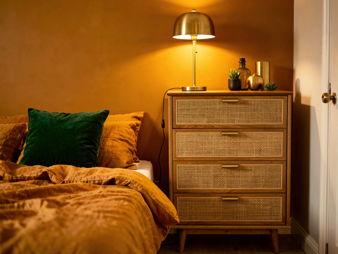 Wide atmospheric photo of a cozy small bedroom using a tall slim rattan-front ch