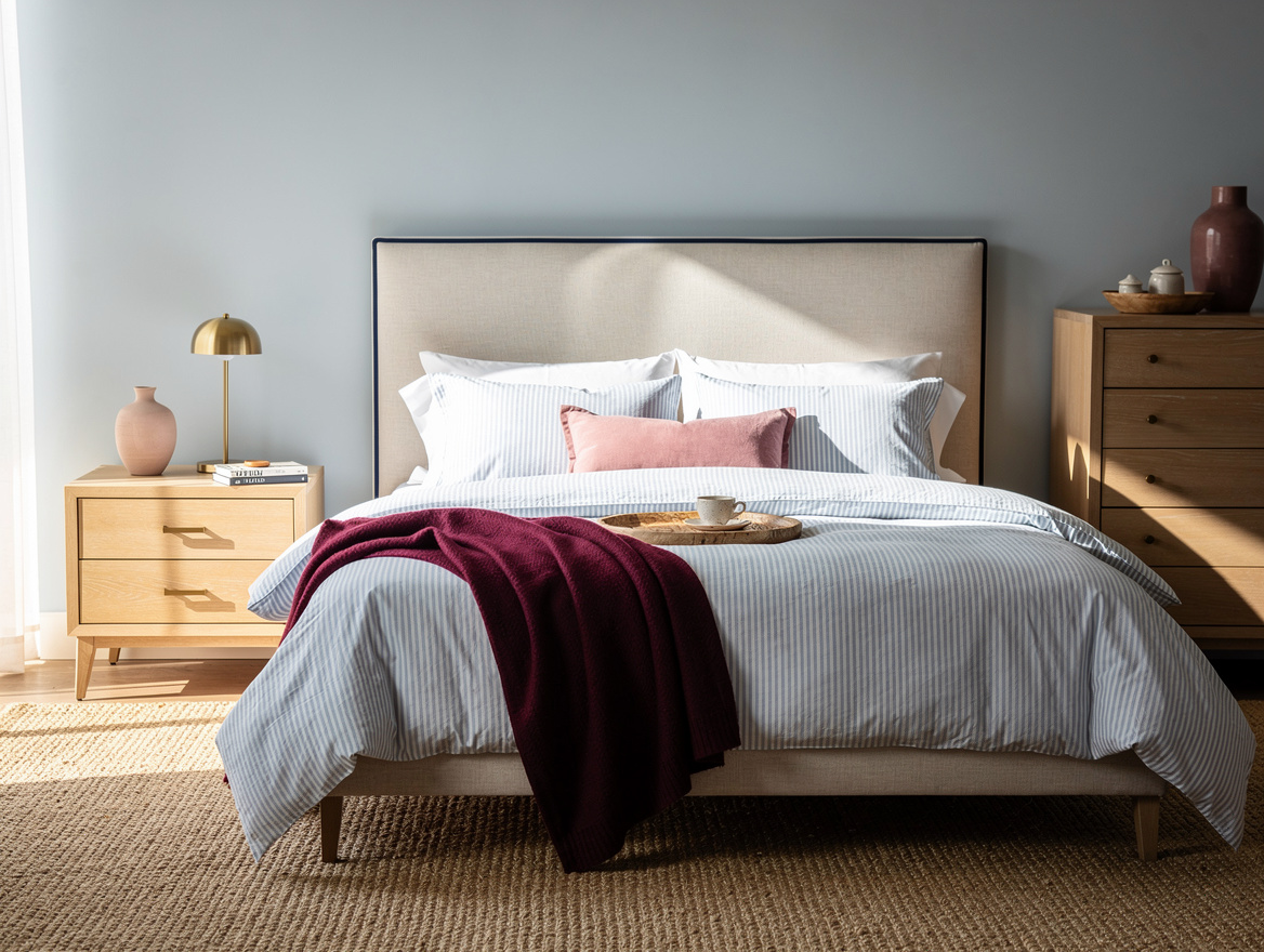 Wide atmospheric photo of a soft coastal preppy bedroom with pale-blue striped b