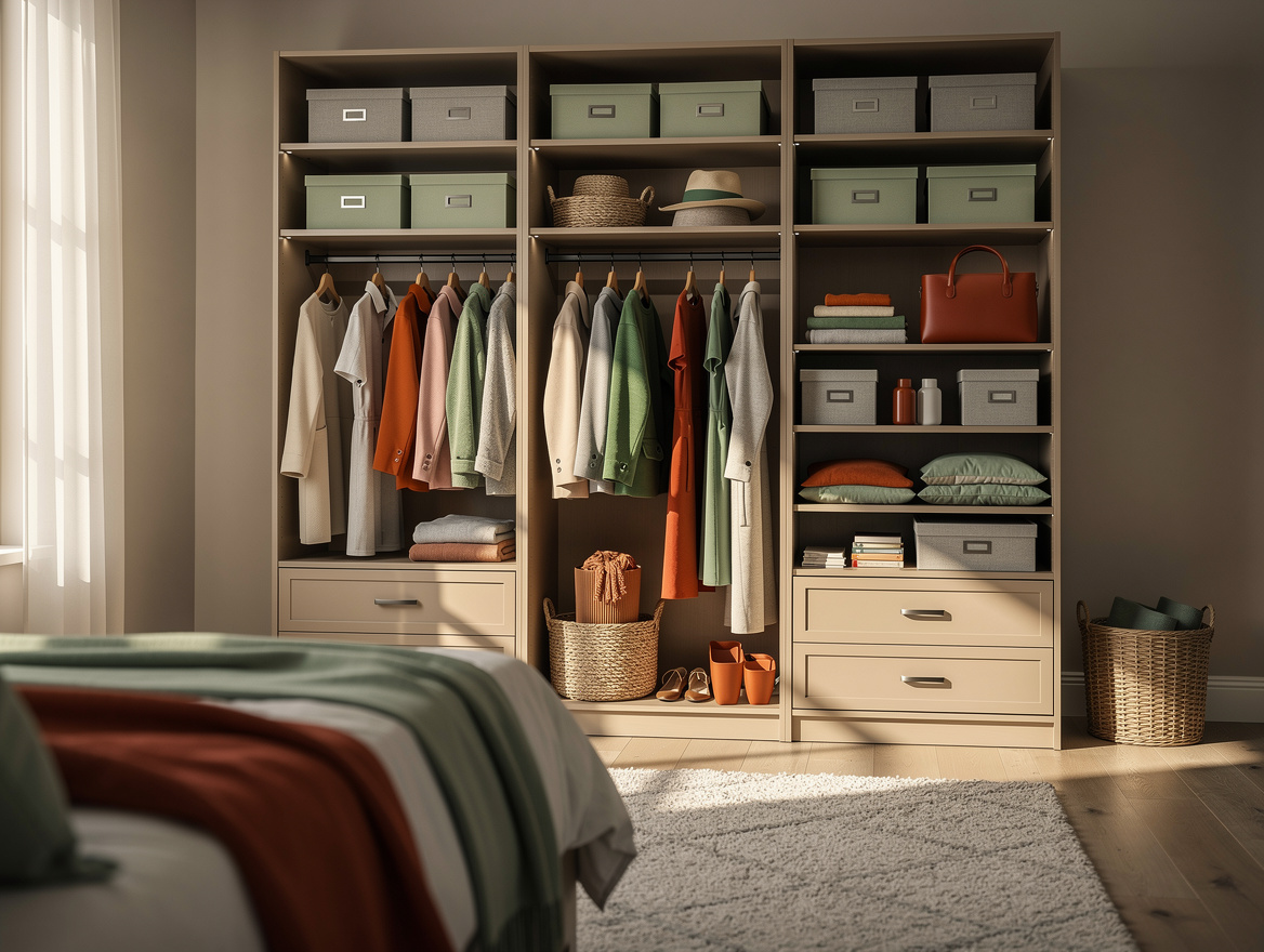 Wide atmospheric view of a calm bedroom closet with a two-zone seasonal wardrobe