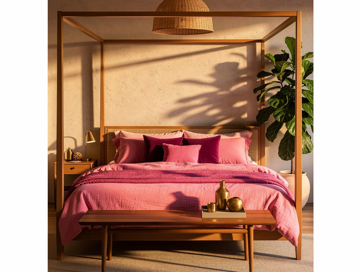 Wide atmospheric photo of an organic couples bedroom with warm wood canopy bed,