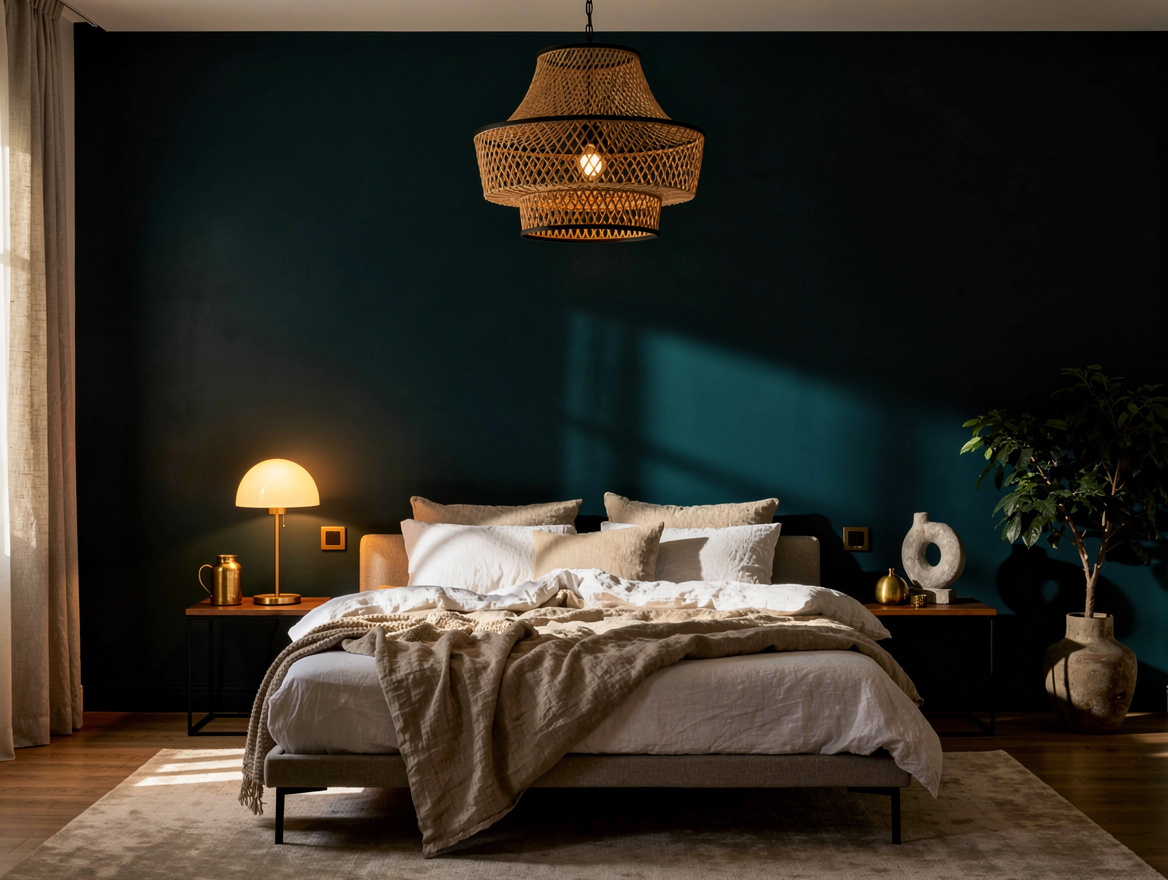 Wide atmospheric bedroom photo with a matte black and natural rattan chandelier,