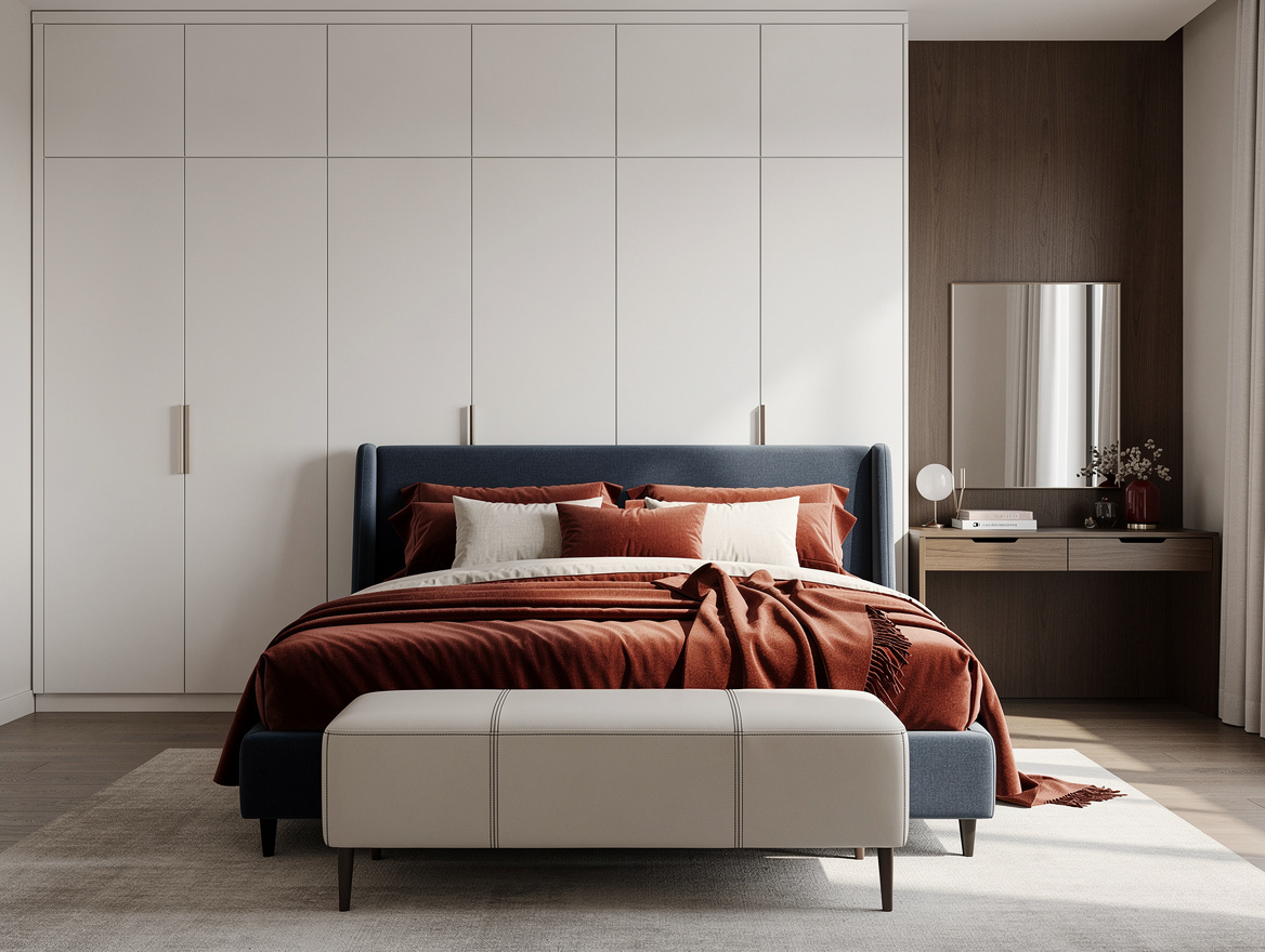 Wide atmospheric bedroom scene with a full wall of matte warm-white wardrobes, u