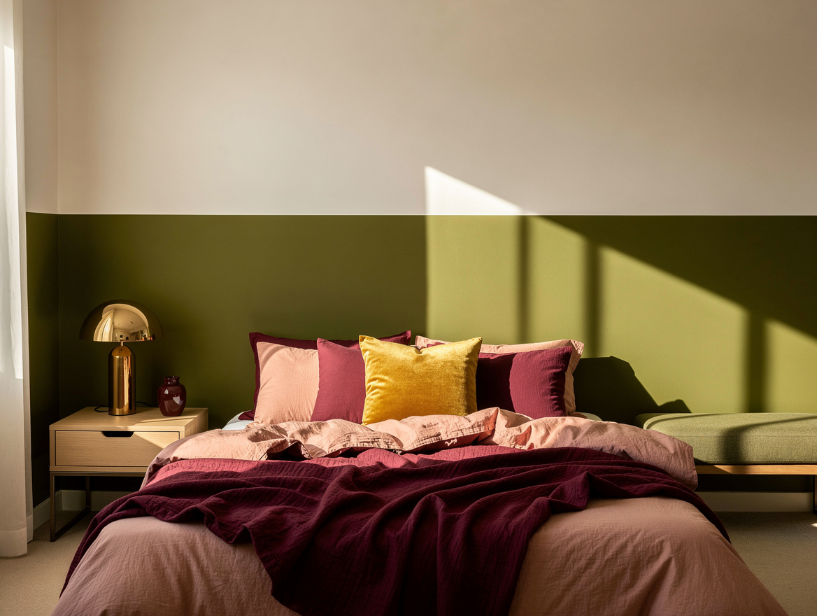 Wide atmospheric bedroom photograph with a lower-third olive wall color wrapping