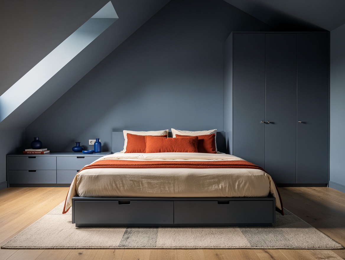 Wide atmospheric editorial photo of an attic bedroom with sloped ceiling, low mo