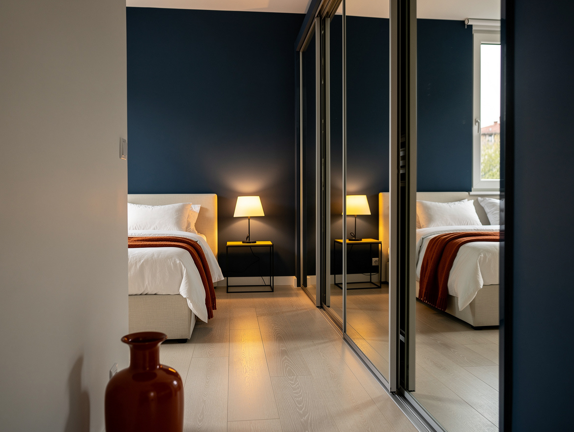 Atmospheric realistic photo of a narrow bedroom with mirrored sliding closet doo