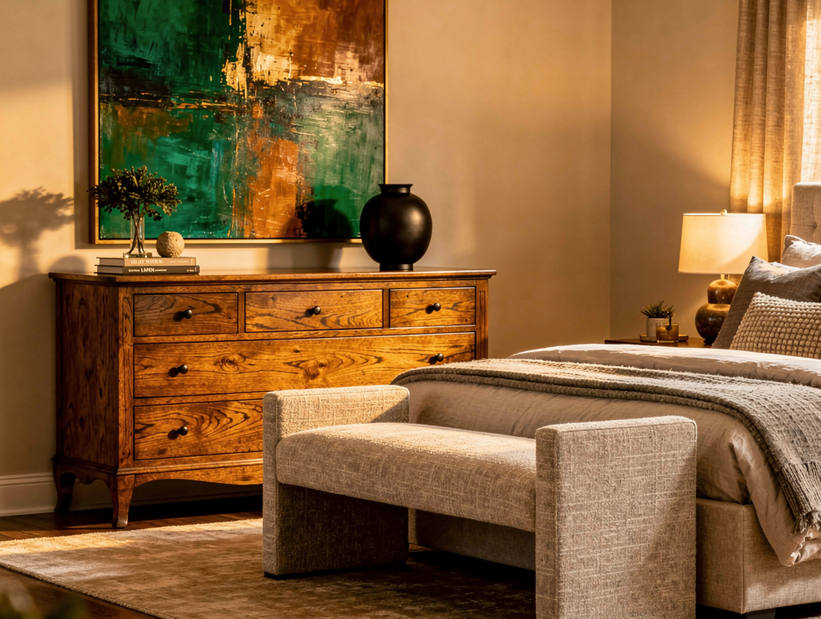 Wide atmospheric photograph of collected transitional bedroom with vintage-style