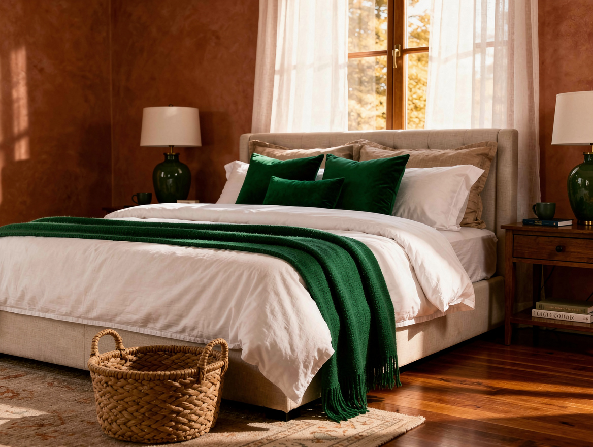 Wide ambient photo of an inviting neutral guest room with a deeply cushioned bed