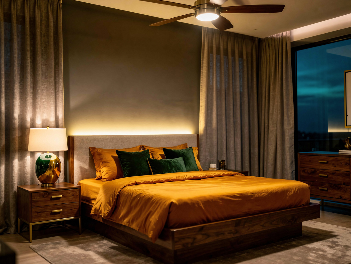 Wide evening bedroom ambiance with dim ceiling fan light, concealed warm LED beh