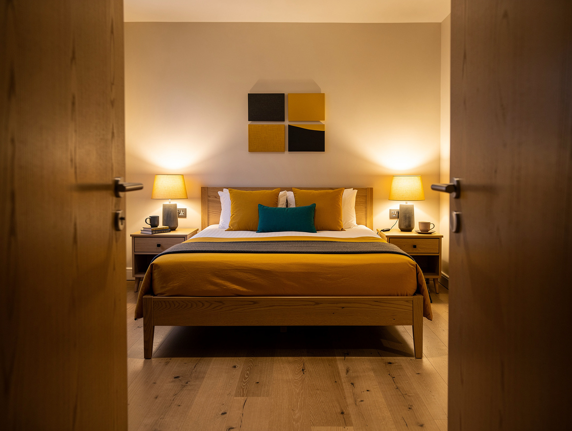 Wide atmospheric photo of a compact bedroom with a double bed against the longes