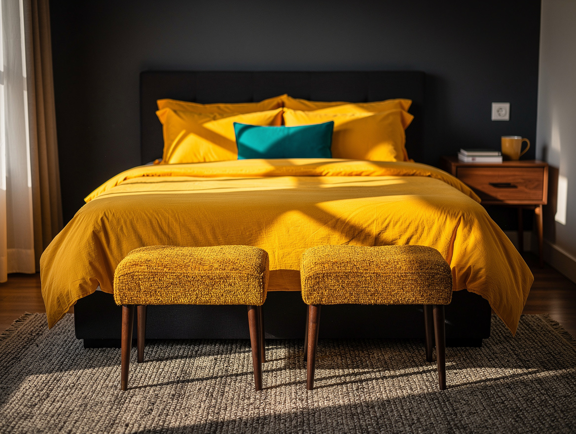 Atmospheric realistic bedroom photograph with two small upholstered stools at th