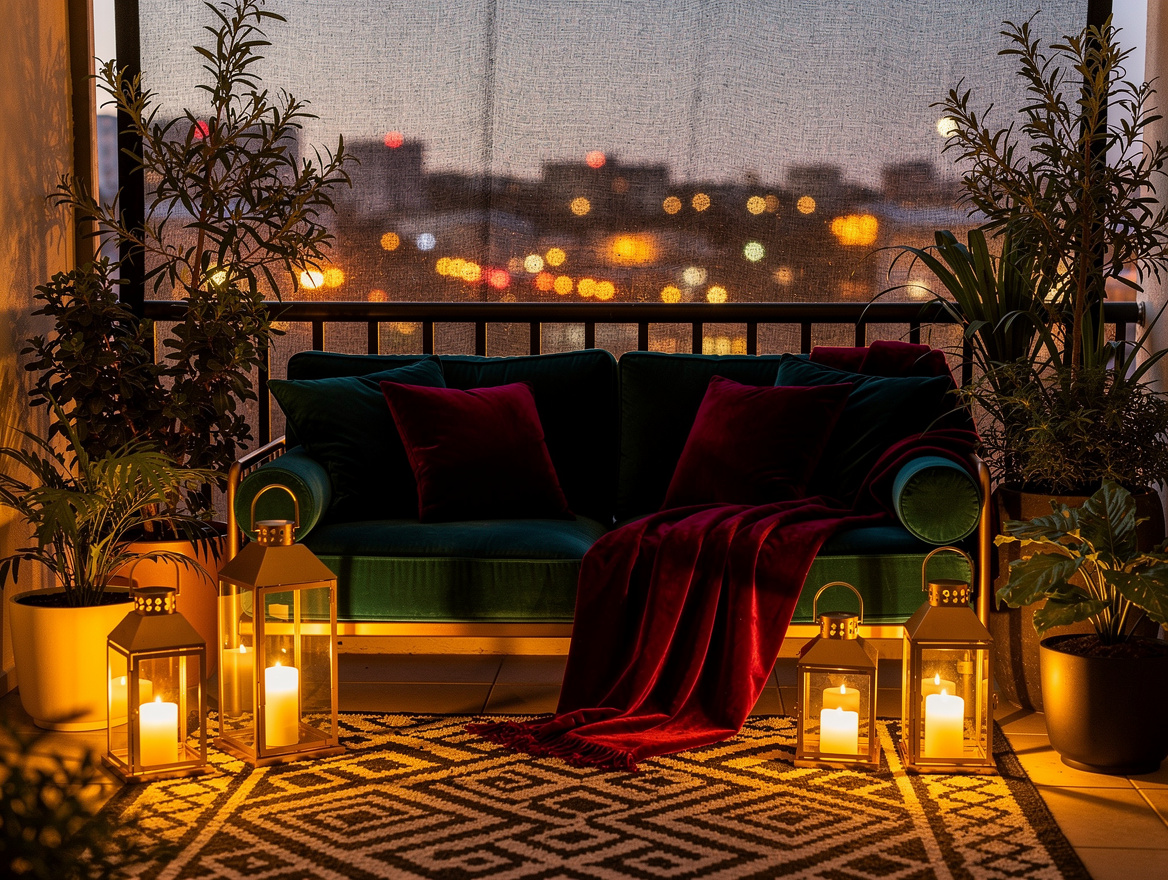 Wide atmospheric evening photograph of a small private bedroom balcony retreat w