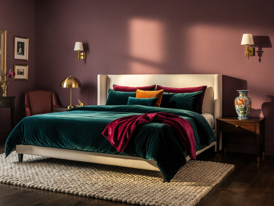 Atmospheric wide photo of a muted plum bedroom with cream upholstery, dark timbe