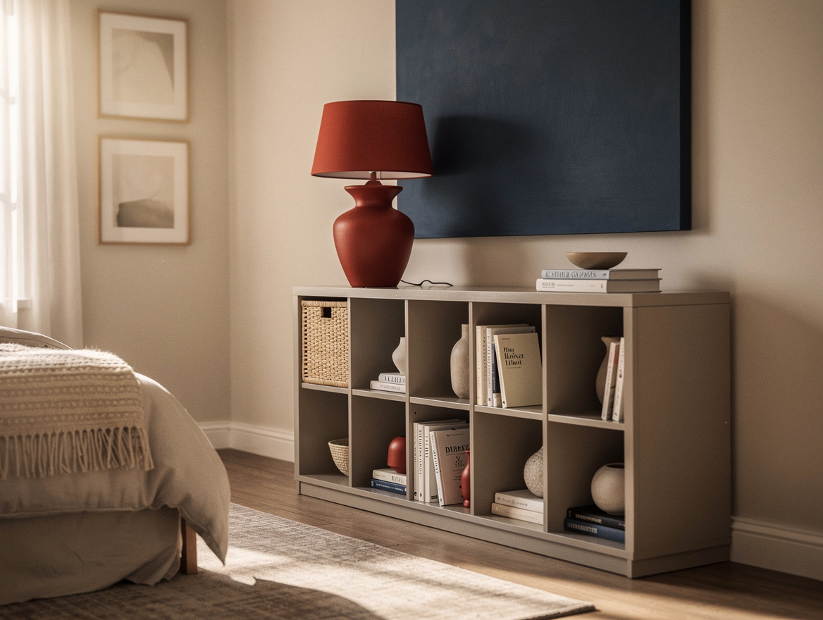Atmospheric wide bedroom scene with a long 2-by-4 cube storage dresser, woven ba