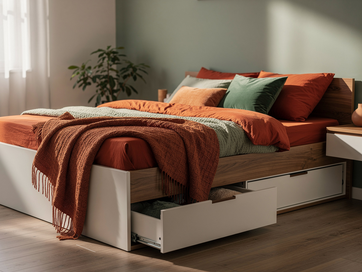 Wide atmospheric photo of a calm compact bedroom with a wood-and-white storage b