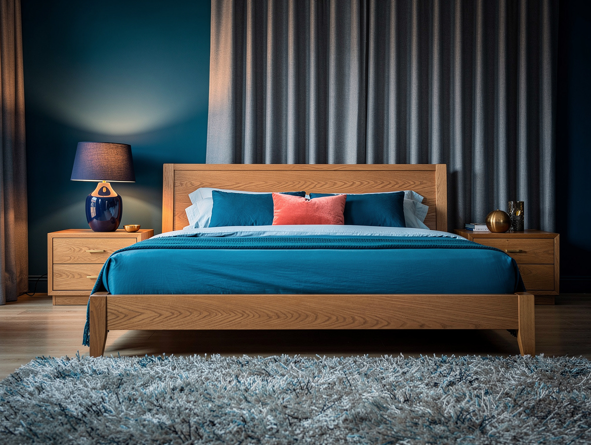 Wide atmospheric bedroom scene in a misty blue palette with oak furniture, navy