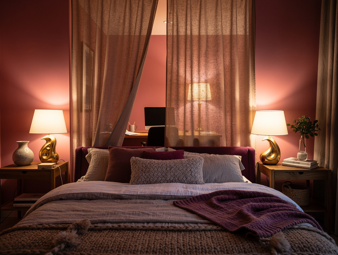 Atmospheric wide interior photograph at dusk of a serene bedroom office with des
