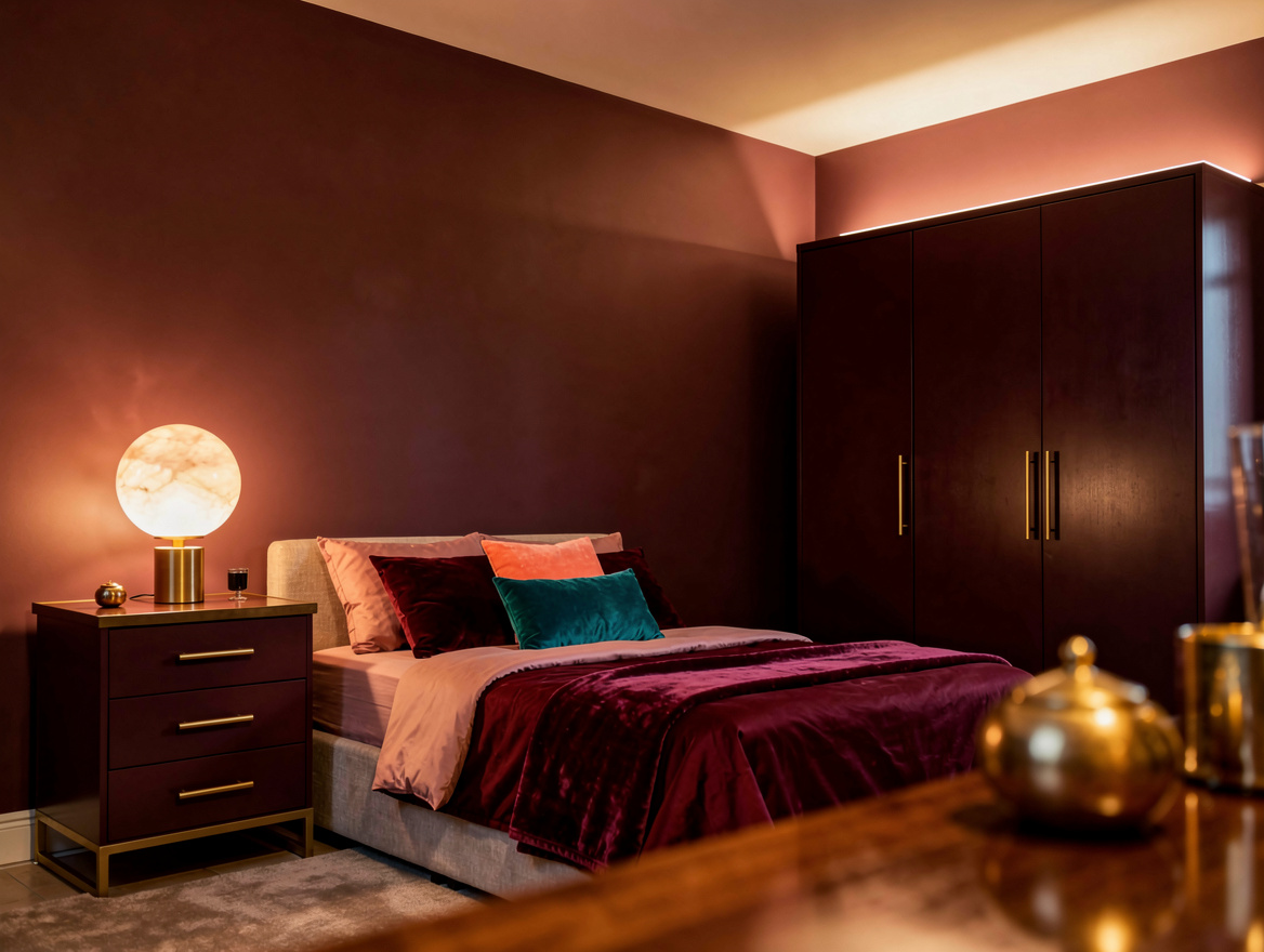 Wide atmospheric photo of a layered-light windowless bedroom at dusk, opal globe