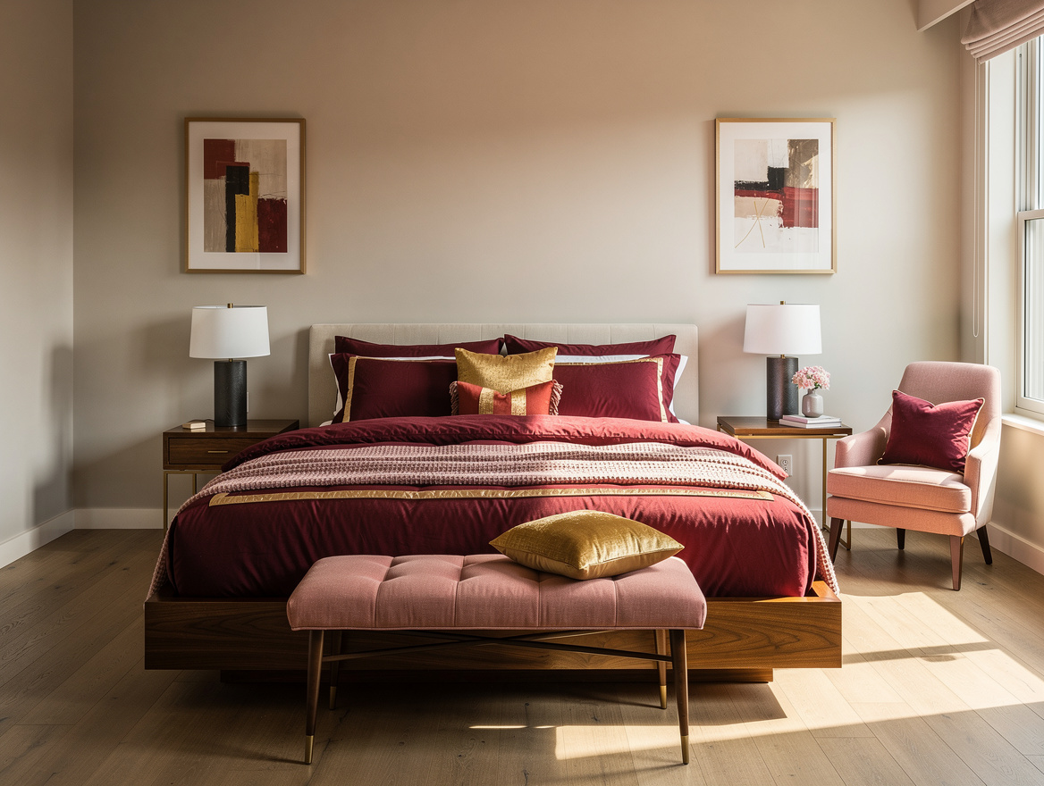 Wide atmospheric photo of a spacious boutique-style bedroom with a low wood bed,