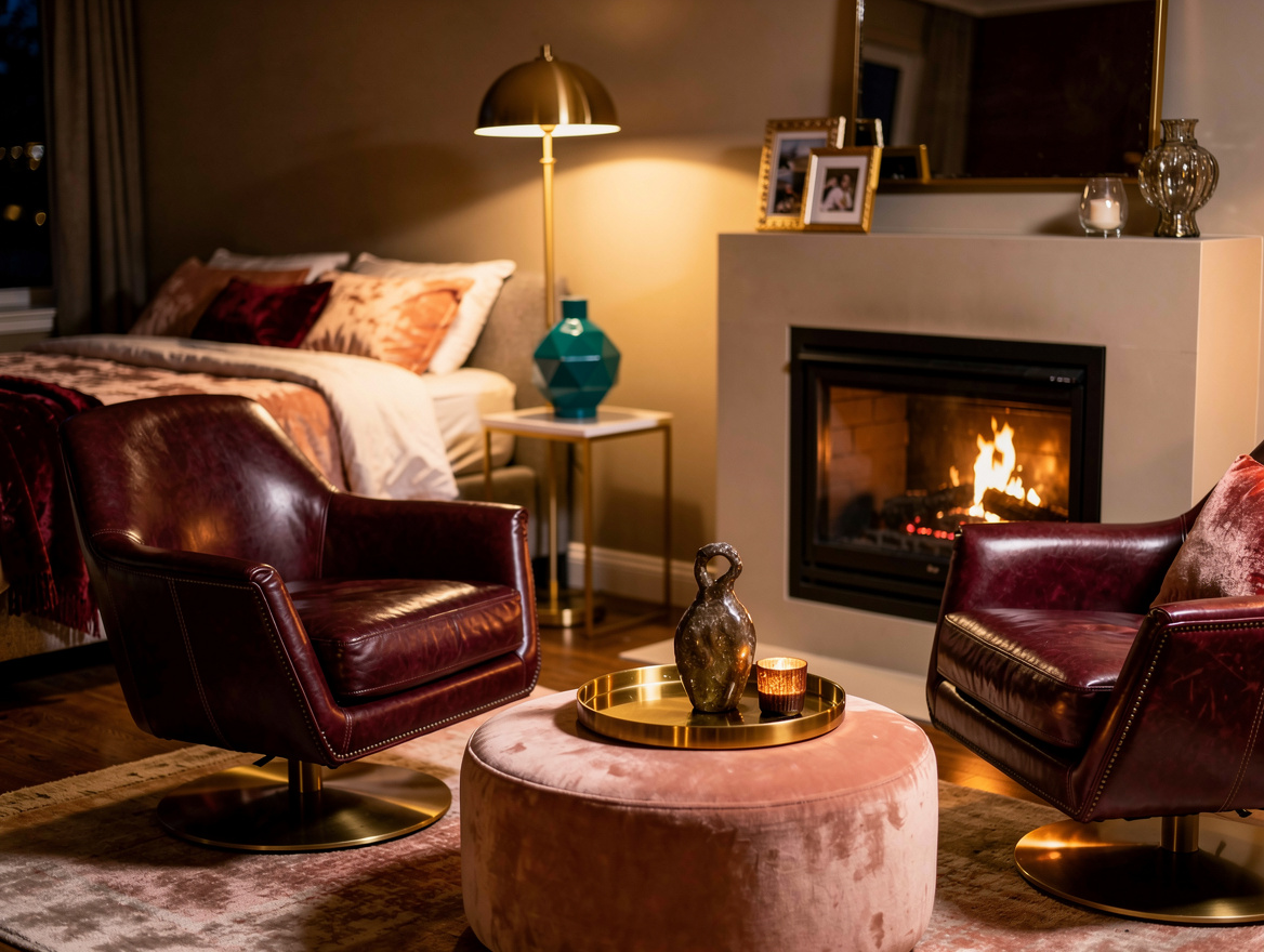 Atmospheric evening bedroom photo with a corner fireplace and two angled leather