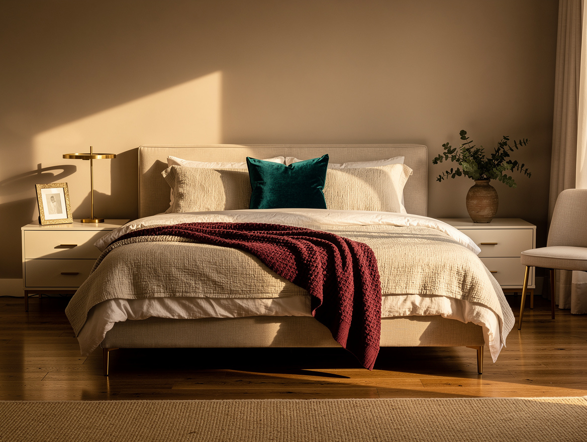 Wide atmospheric editorial photo of a calm quiet luxury bedroom in ivory, flax,