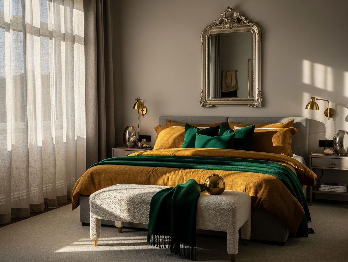 Wide atmospheric photo of a soft greige bedroom with linen curtains, gray uphols