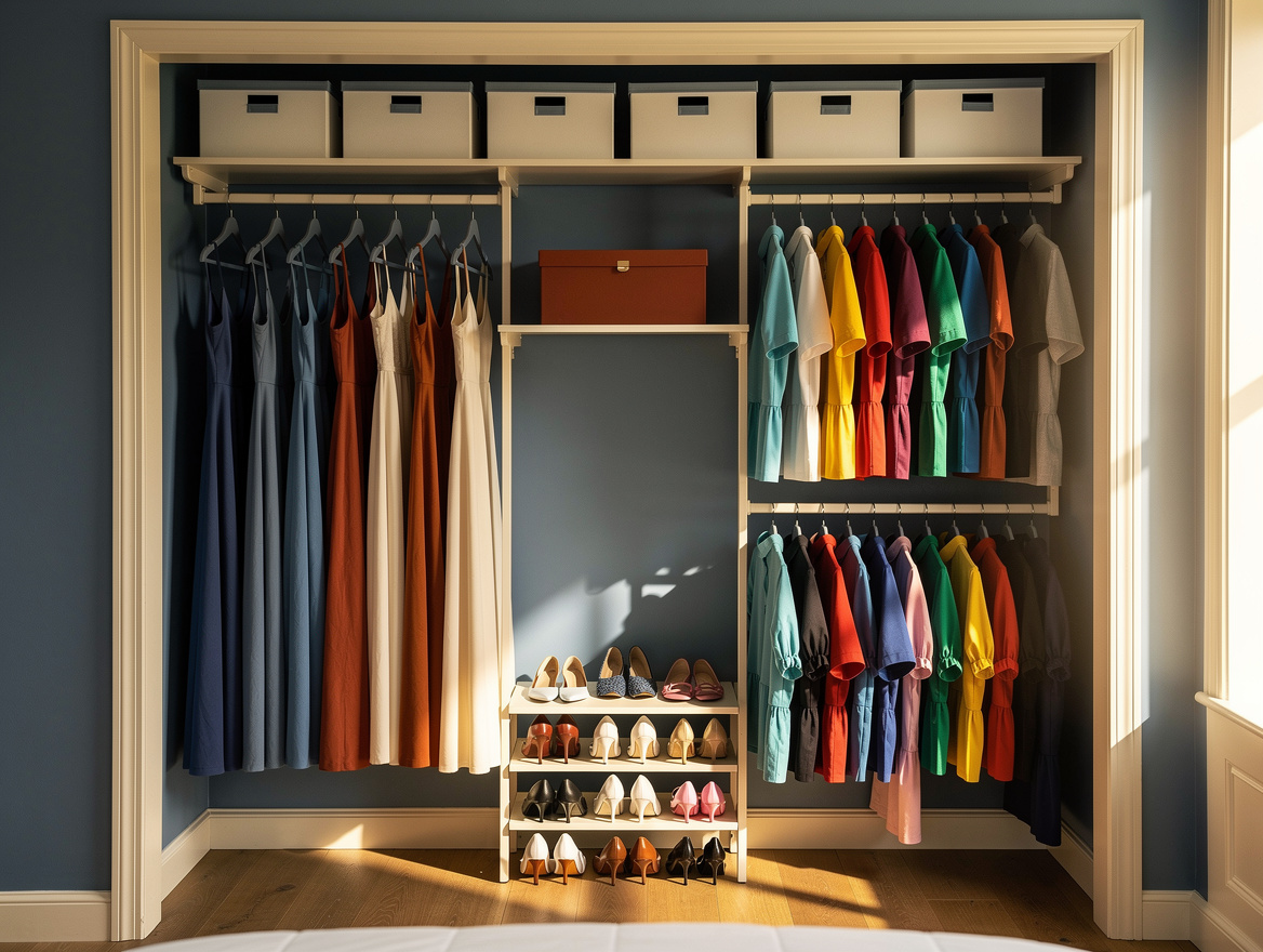 Wide atmospheric photo of an organized American reach-in closet with high labele