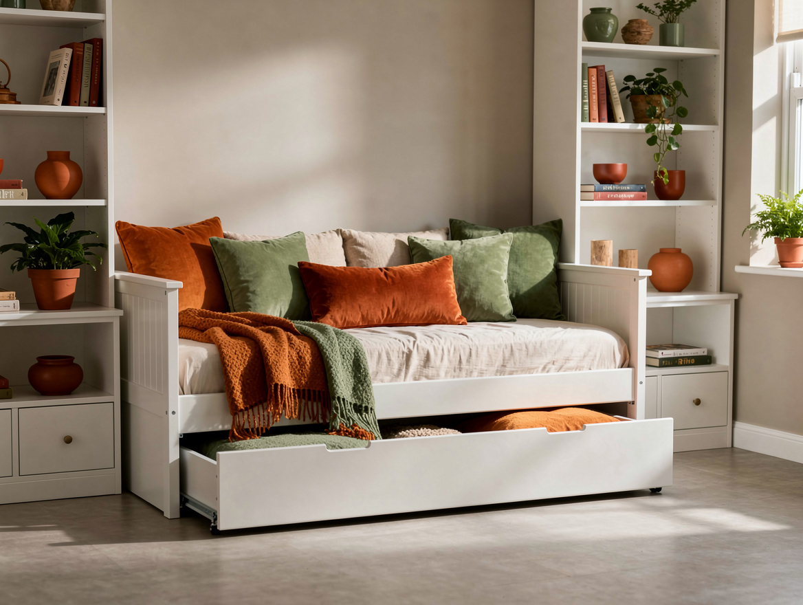 Wide ambient editorial photo of a compact shared bedroom using a white-painted t