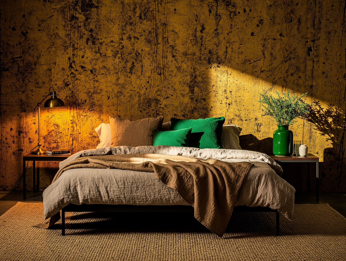 Wide evening ambiance in a modern rustic bedroom, weathered wood accent wall, na