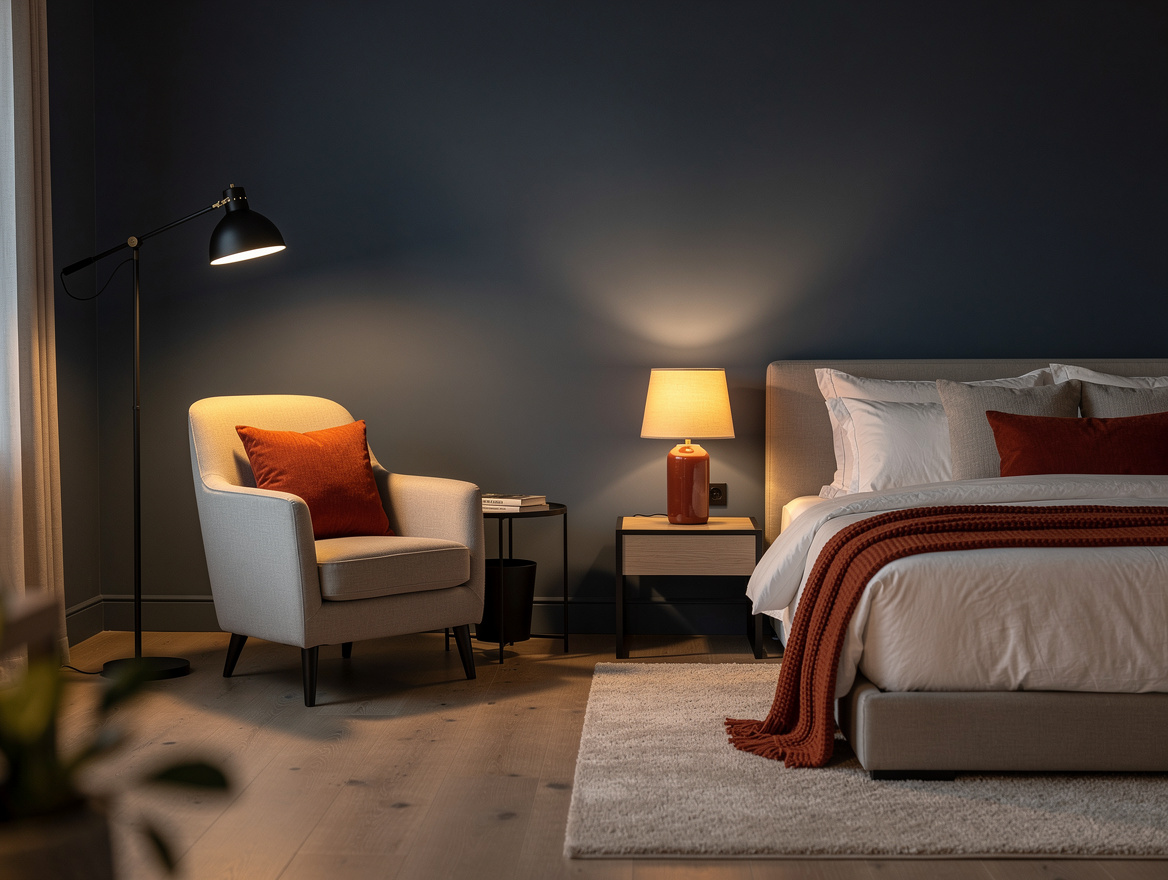 Wide editorial bedroom photograph with a black floor lamp illuminating a reading
