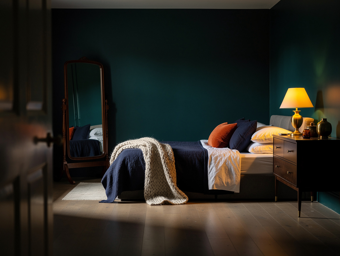 Realistic wide editorial bedroom photograph with one dark oak antique-style mirr