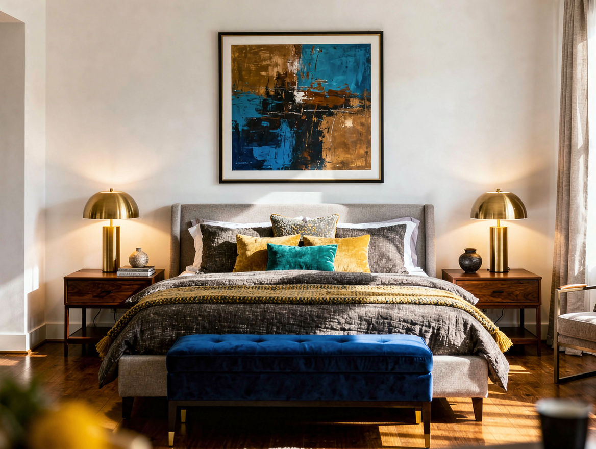 Wide bedroom ambiance photo showing warm white walls, greige bedding, a cobalt a