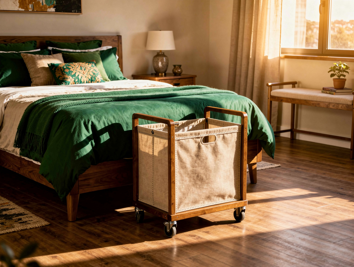Wide ambient bedroom photo showing a furniture-style rolling hamper at the foot