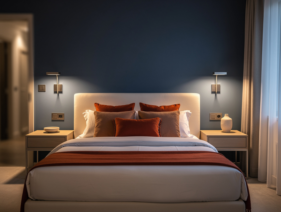 Wide atmospheric photo of a compact guest bedroom at dusk, wall-mounted reading