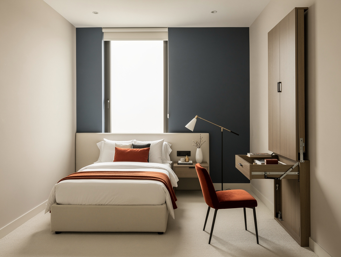 Wide atmospheric view of a narrow bedroom with a fold-down vanity closed against