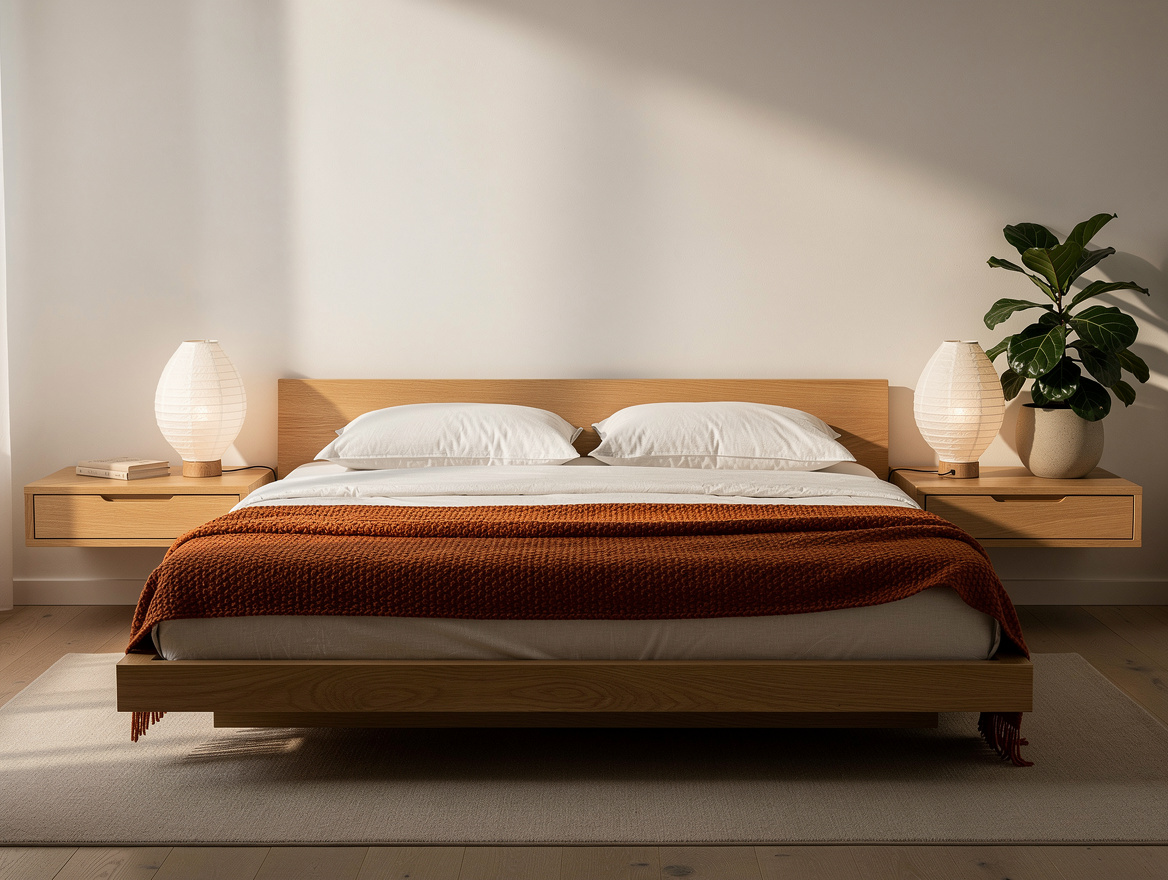 Realistic editorial wide bedroom scene with warm Japandi styling, low oak platfo