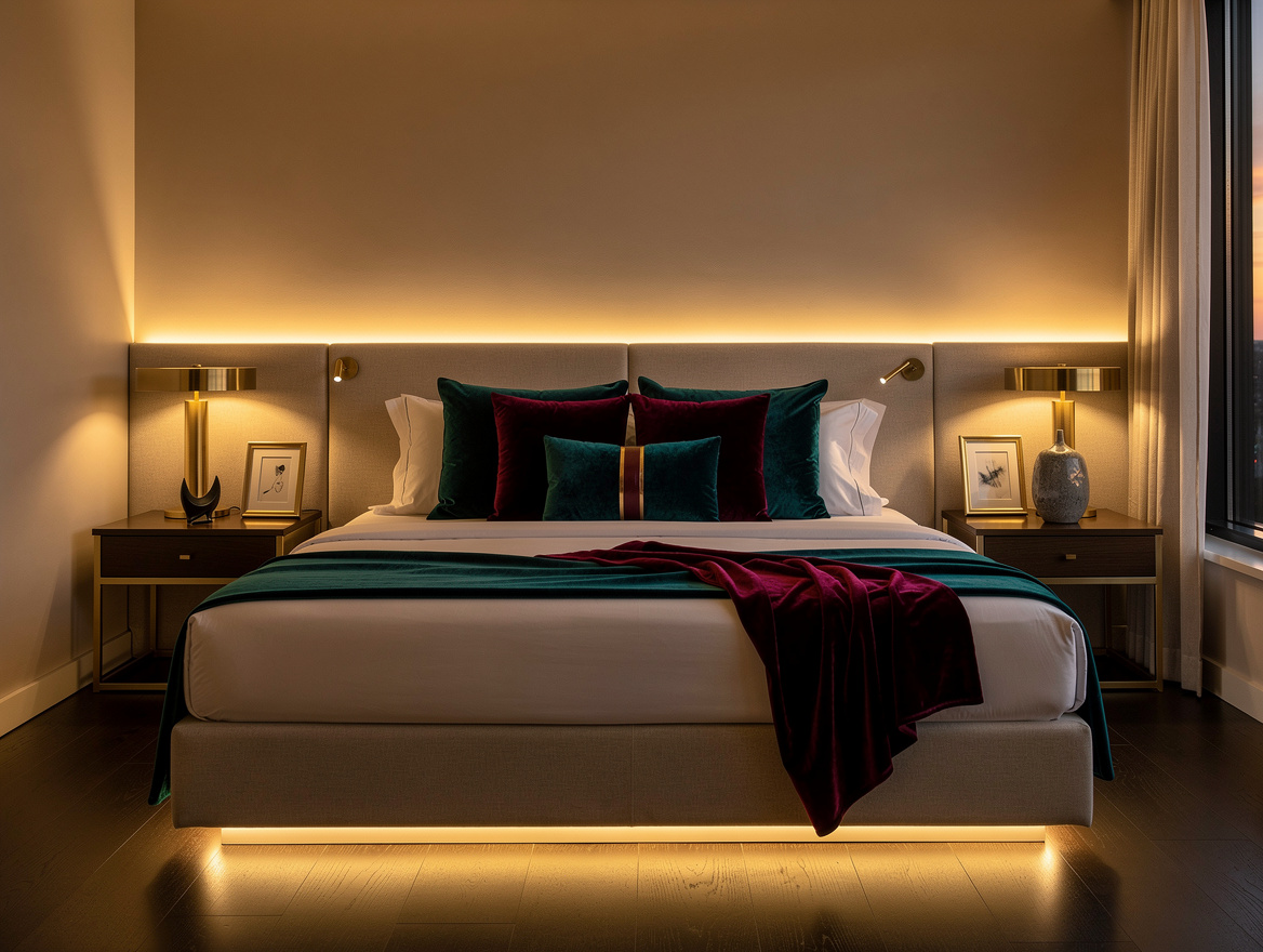 Realistic editorial wide bedroom ambiance photo at dusk with a low warm halo beh